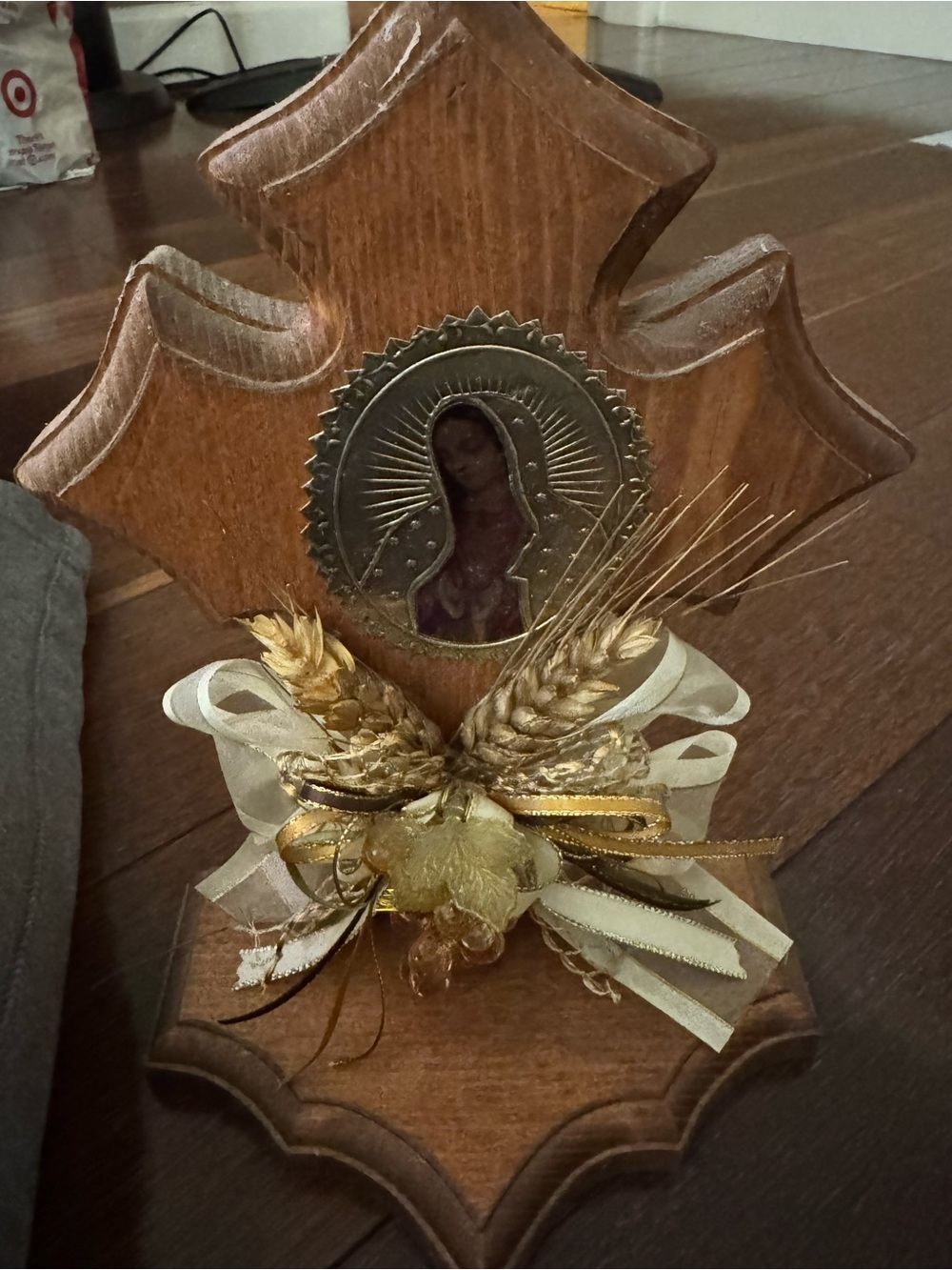 Wooden Religious Cross Décor with Gold Accents